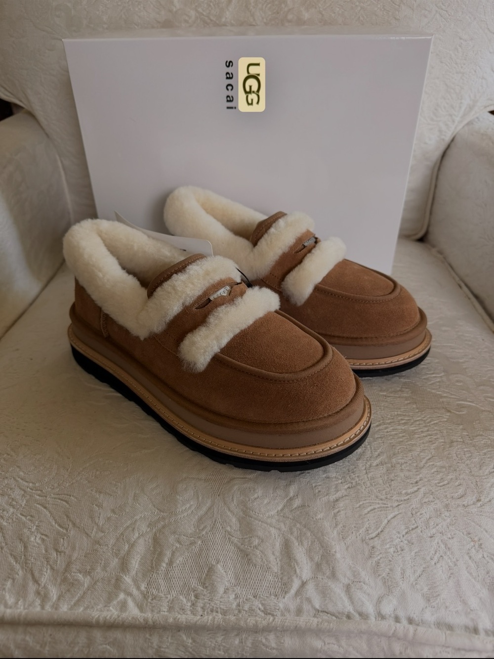 UGG x Sacai Suede & Shearling Platform Penny Loafers (Size W7 / M6) *NEVER WORN*